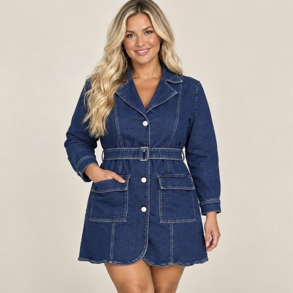Pilcro Anthropologie 2X Denim Blazer Dress Belted Coat Jacket Plus Size